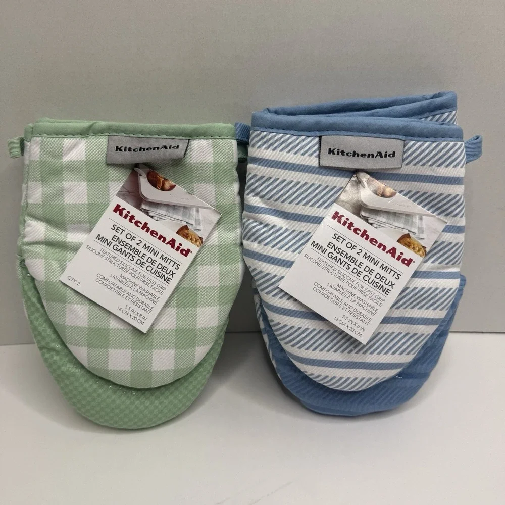 NEW KitchenAid Mini Oven Mitts 4 Pack Green Gingham Blue Stripe Silicone Grip